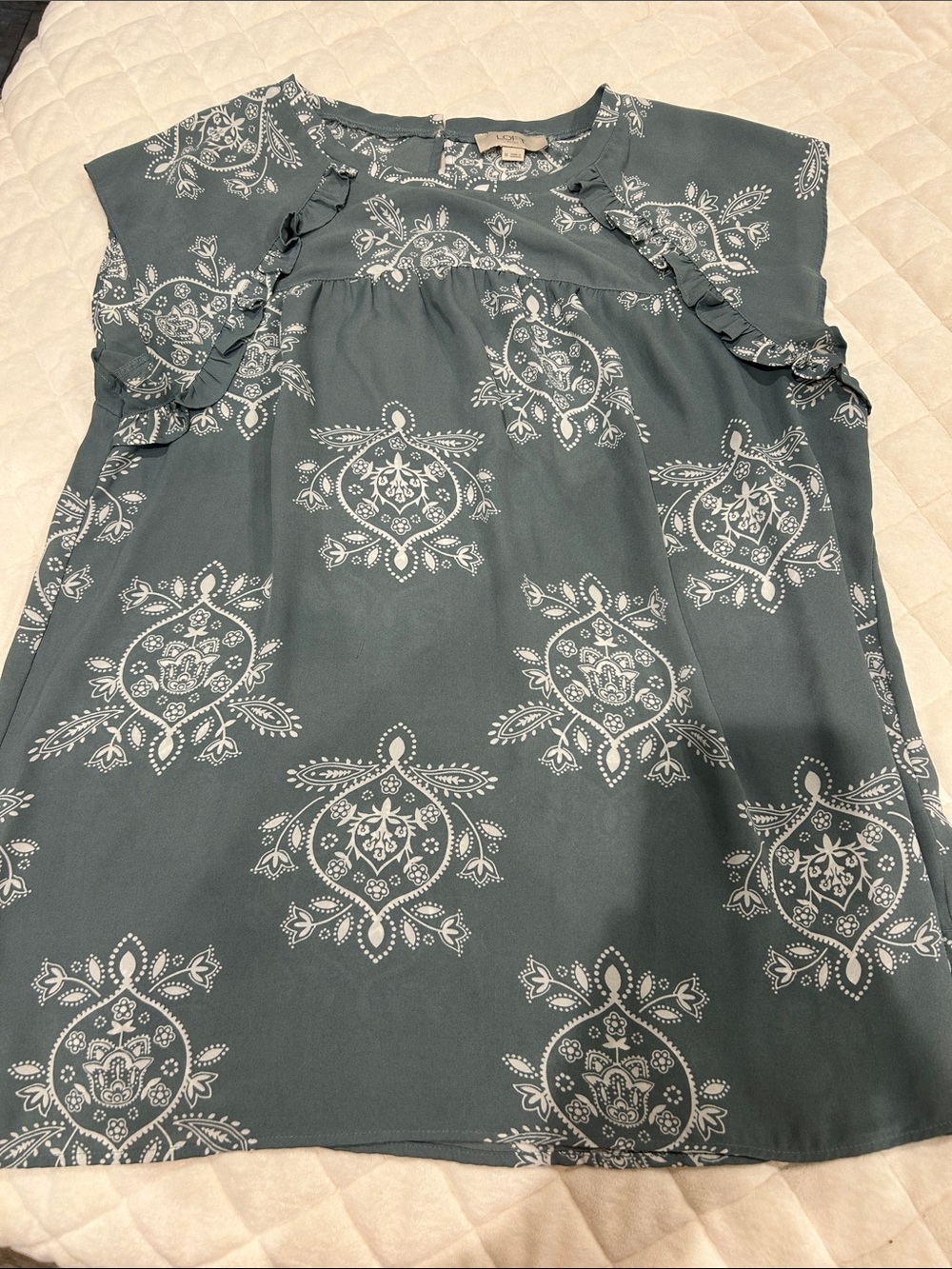 LOFT Slate Blue Floral Medallion Ruffle Sleeve Blouse